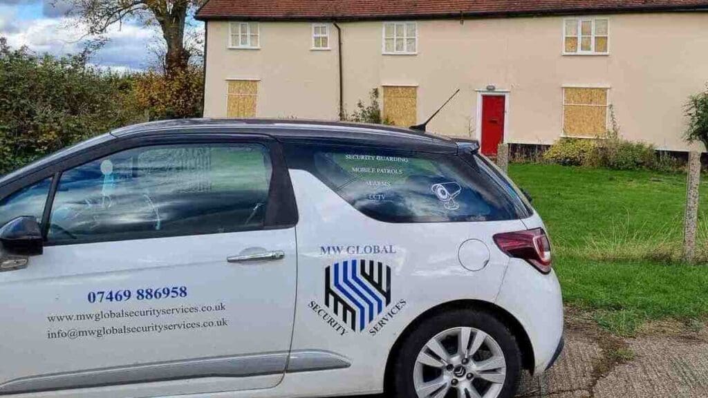 MW Global Security patrol vehicle outside empty residential property